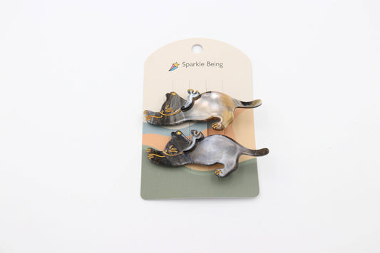 Stretching Cat Acetate Hair Clips Set of 2: Black