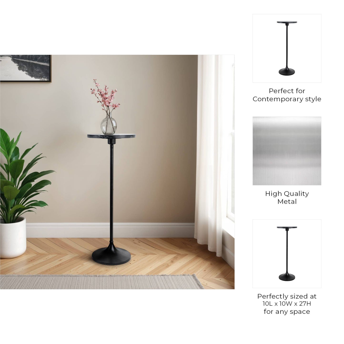 Side Table - Black Metal Pedestal Base Marble Top, 27 in.