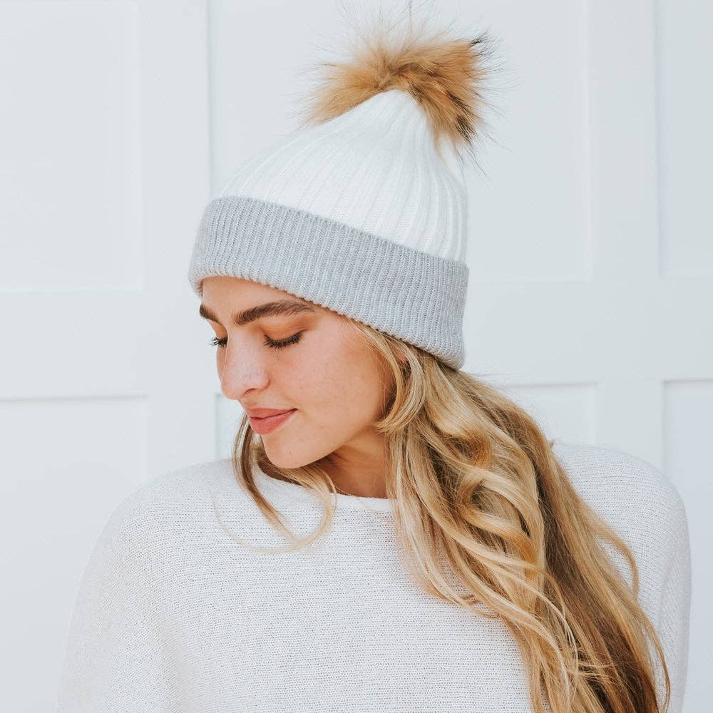 2 Tone Angora Knit Fur Pom Beanie: White with Grey Trim