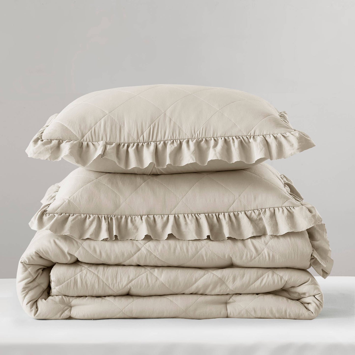 Diamond Quilted Ruffle Edge Comforter Set, Neutral