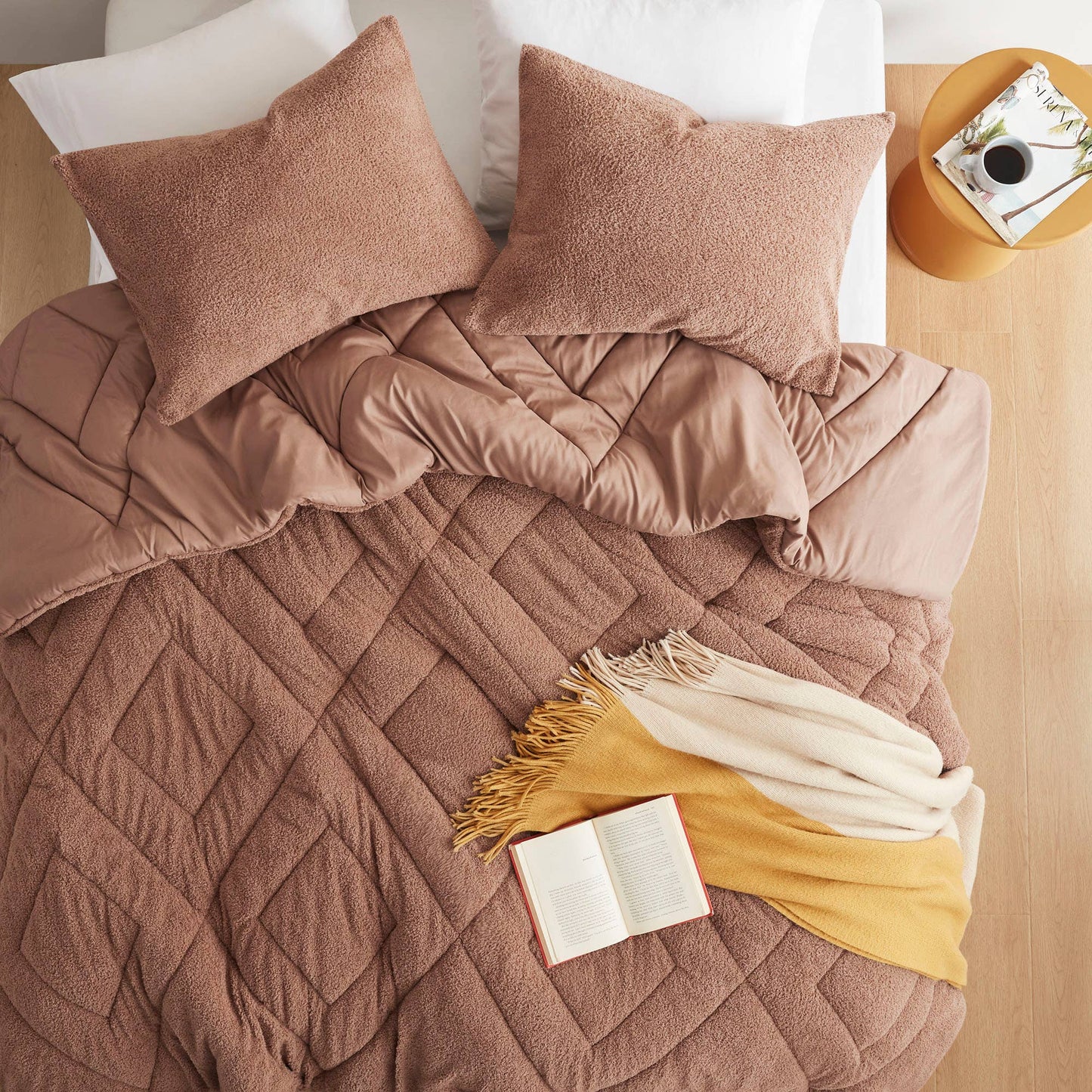 Double Diamond Quilted Fluffy Plush Comforter Set, Brown