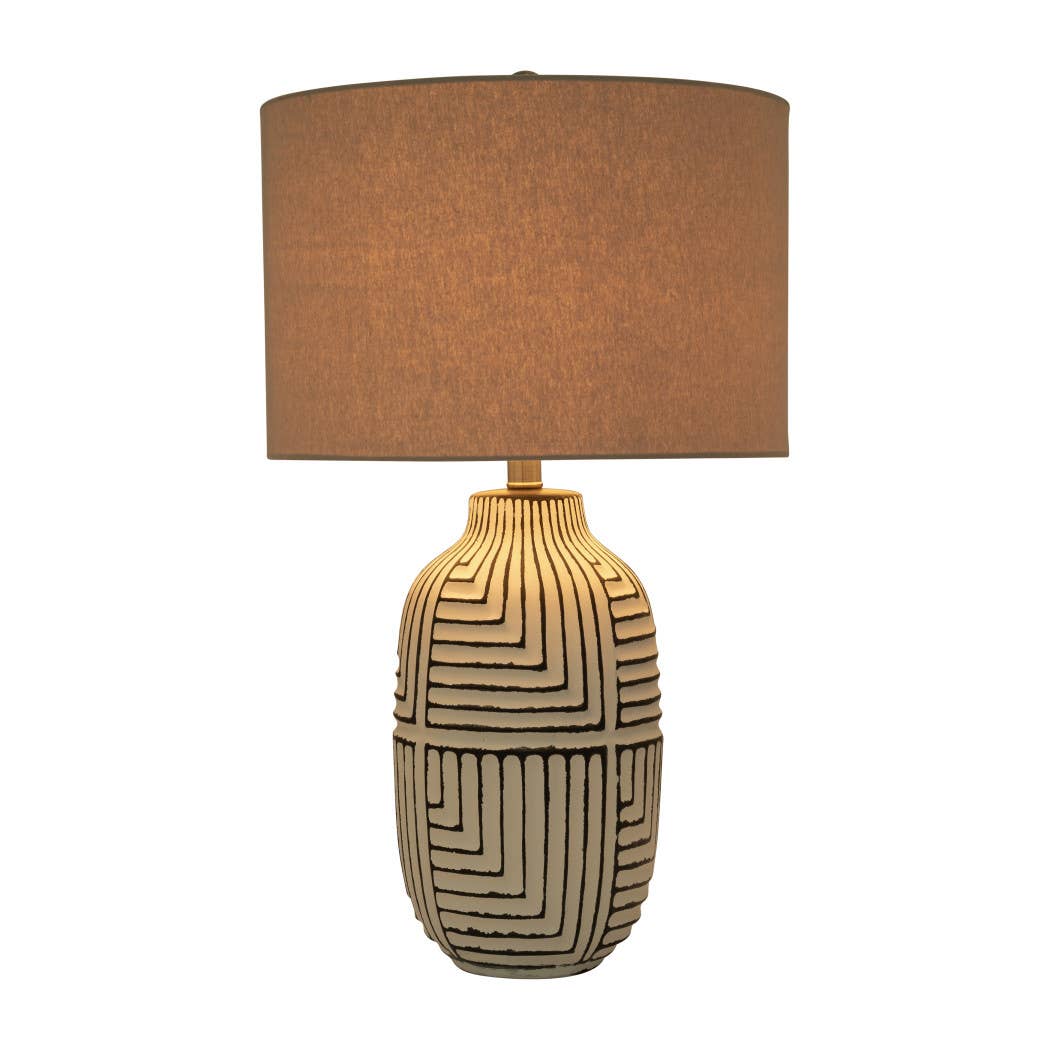 Table Lamp - White Ceramic Boho Tribal Textured, 26 in.