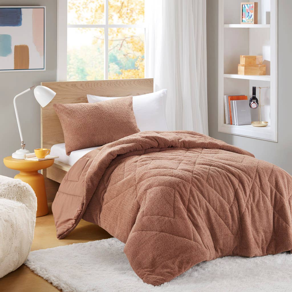 Double Diamond Quilted Fluffy Plush Comforter Set, Brown