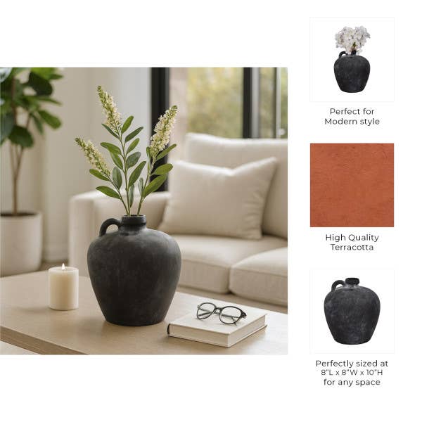 Black 10 in. Abstract Weathered Terracotta Jug with Handle
