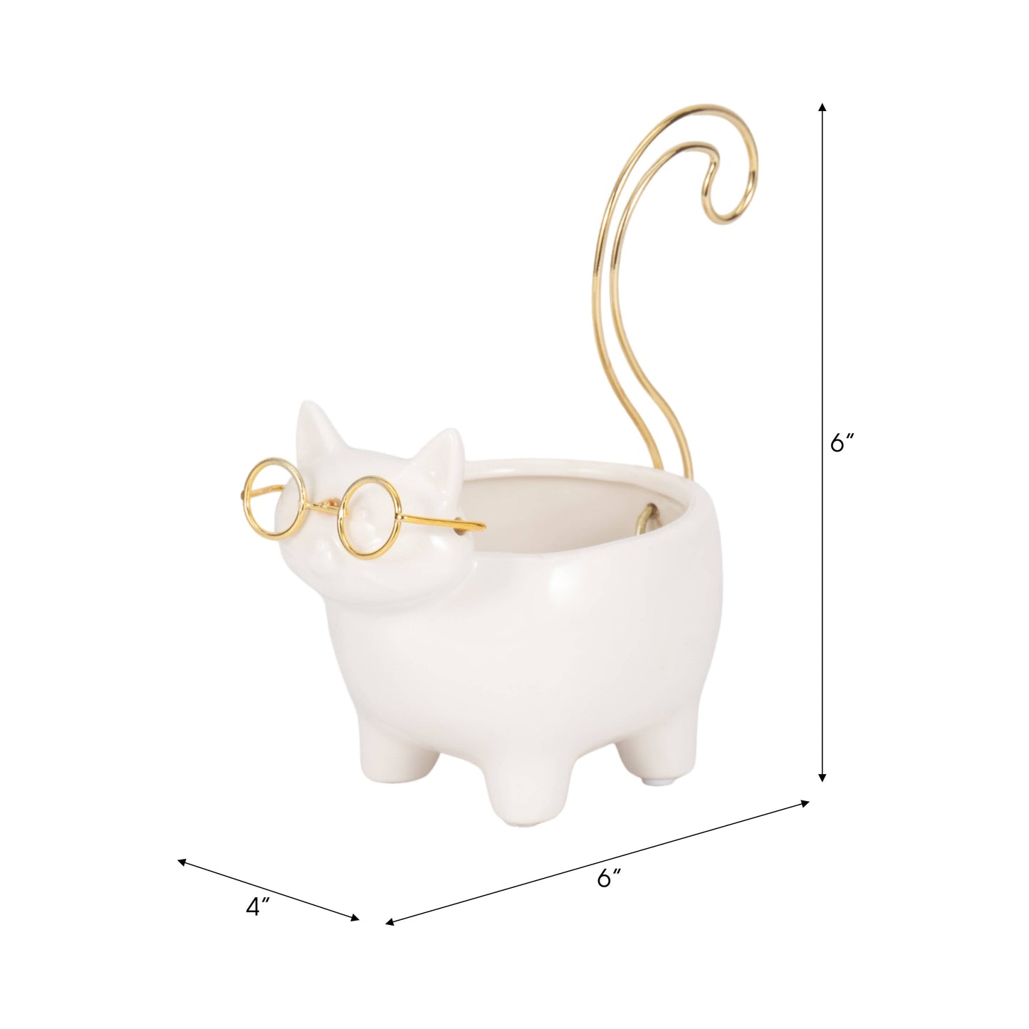 Trinket Dish - White/Gold Ceramic Boho Kitty, 7 in.