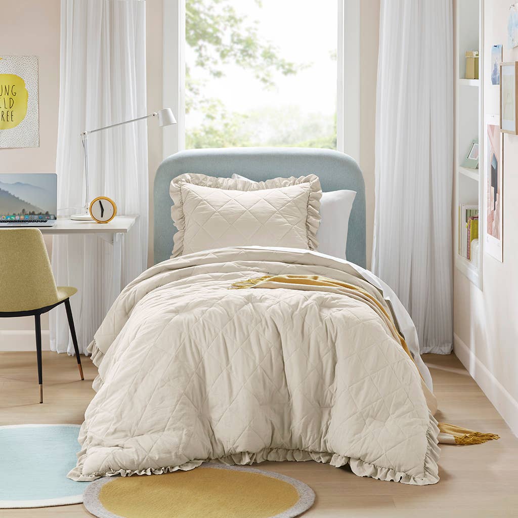 Diamond Quilted Ruffle Edge Comforter Set, Neutral