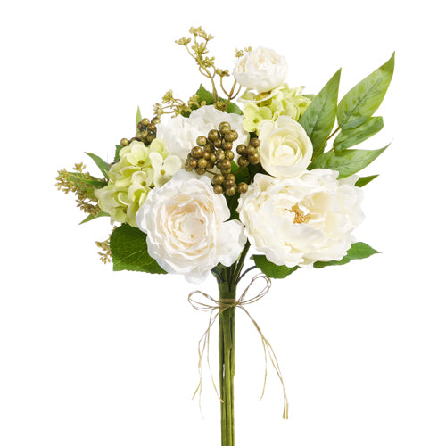 17" White Peony, Ranunculus and Geranium Bouquet