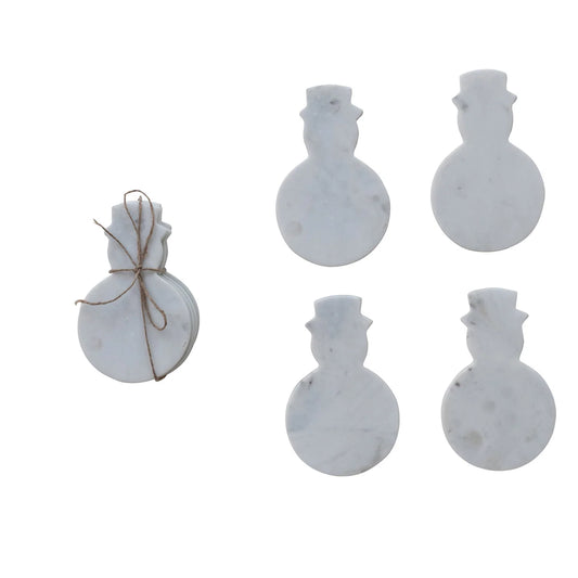 Marble Snowman Shaped Coasters, White, Set of 4 Tied with Jute