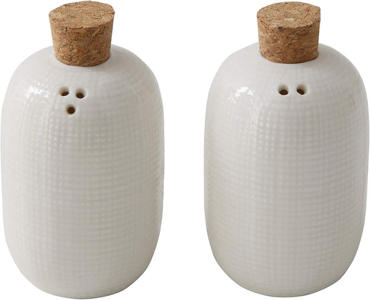 Set of 2 White Embossed Ceramic Salt & Pepper Shakers with Cork Stoppers
