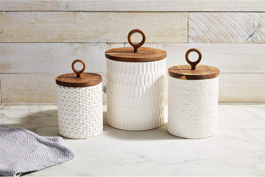 White Stoneware Canister with Wood Lid