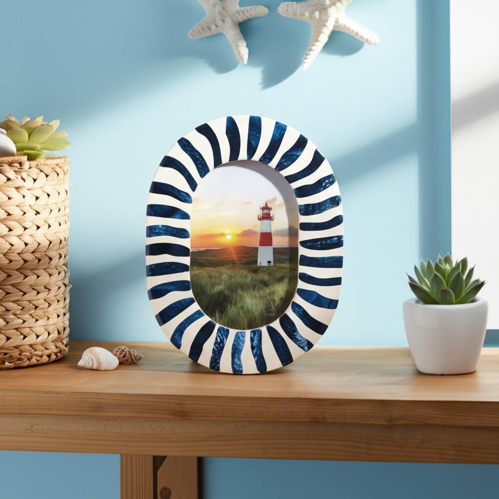 4 in. x 6 in. Blue/White Wood with Inlay Pieces Photo Frame