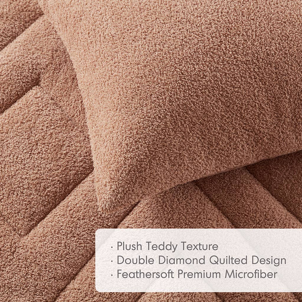 Double Diamond Quilted Fluffy Plush Comforter Set, Brown