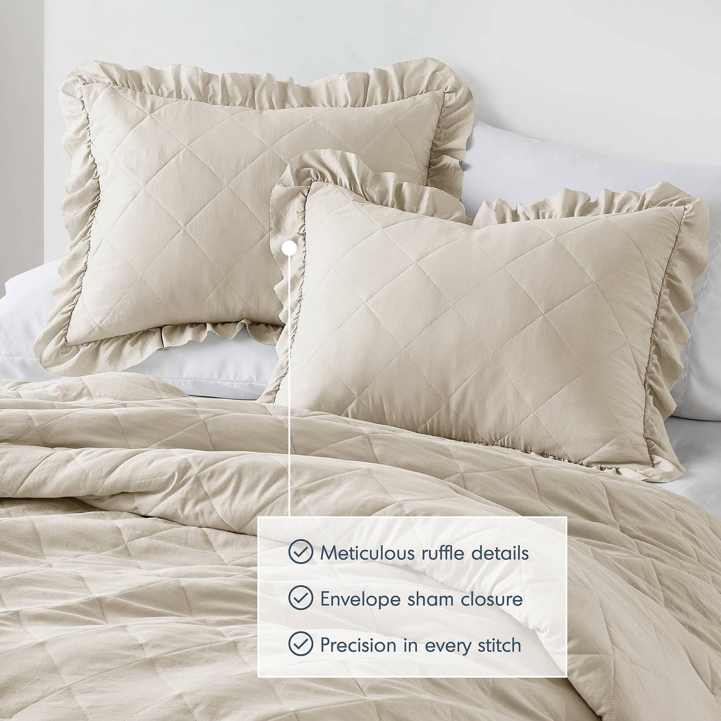 Diamond Quilted Ruffle Edge Comforter Set, Neutral