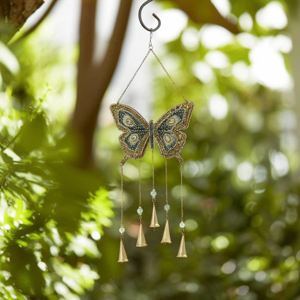 Wind Chime - Gold Metal Beads Mosaic Butterfly, 24 in.