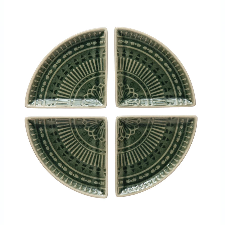 Debossed Stoneware Dishes, Crackle Glaze, Set of 4