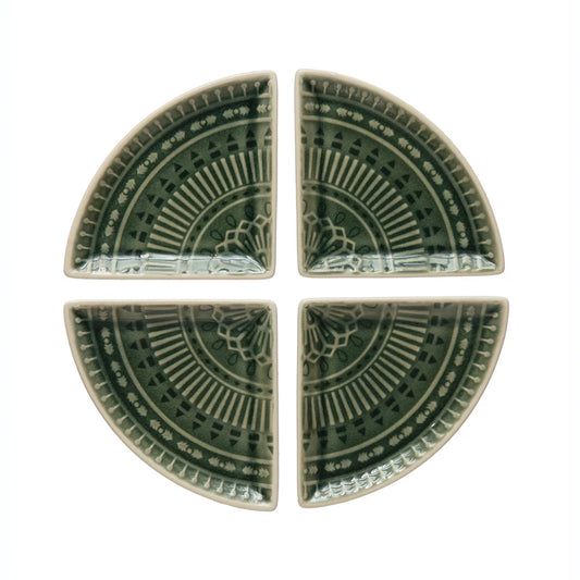 Debossed Stoneware Dishes, Crackle Glaze, Set of 4