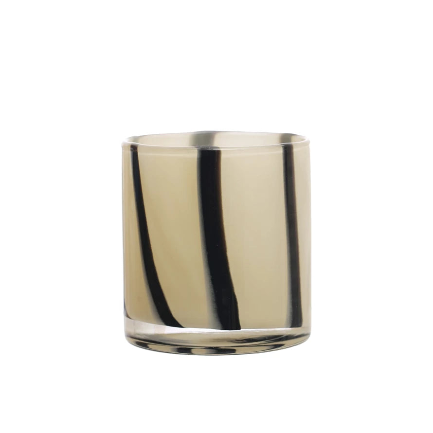 4" Round x 4"H Glass Candle Holder/Vase w/ Stripes, Cream Color & Black