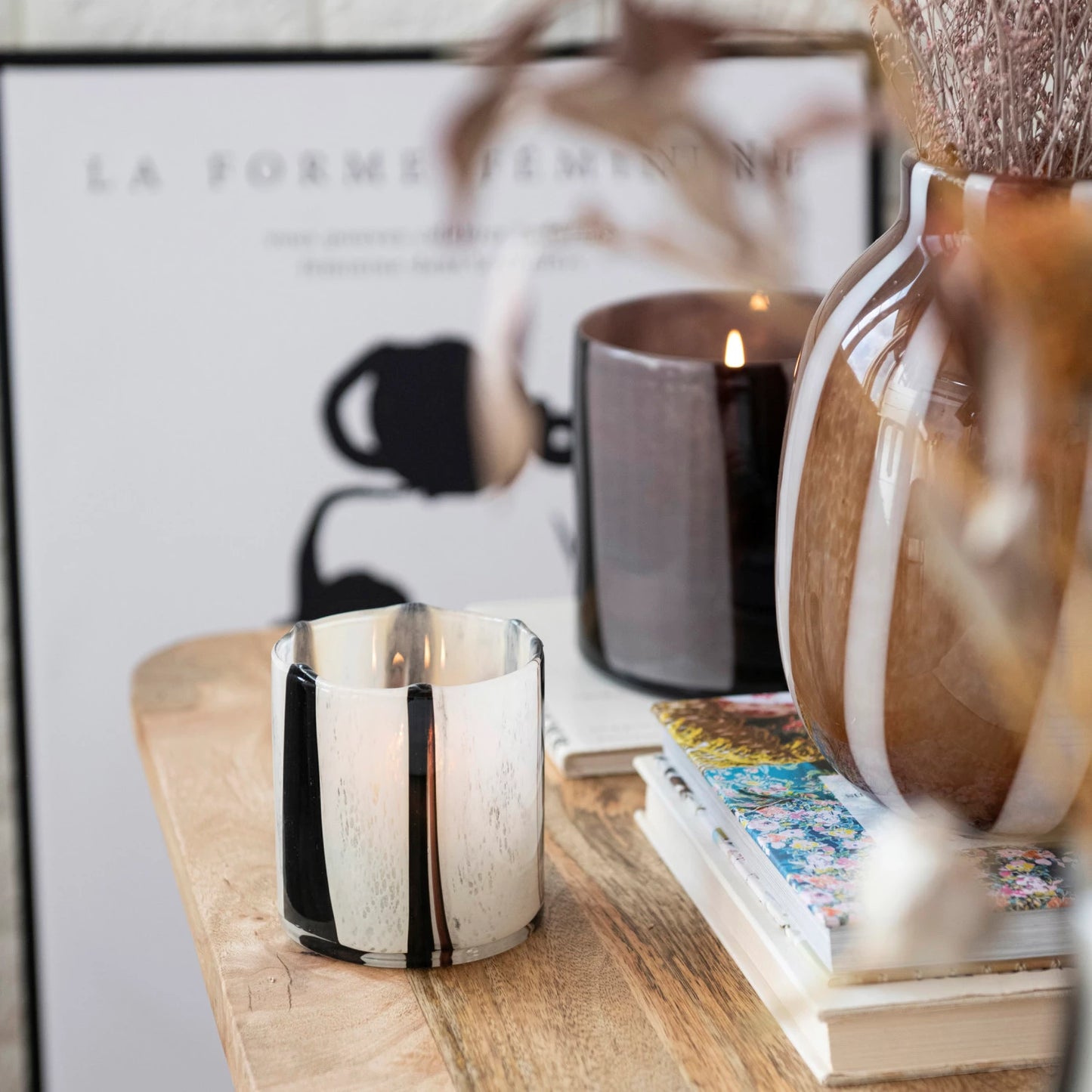 4" Round x 4"H Glass Candle Holder/Vase w/ Stripes, Cream Color & Black