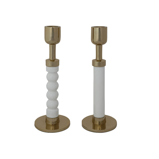 Enameled Cast Aluminum Taper Holder, Gold Finish & White