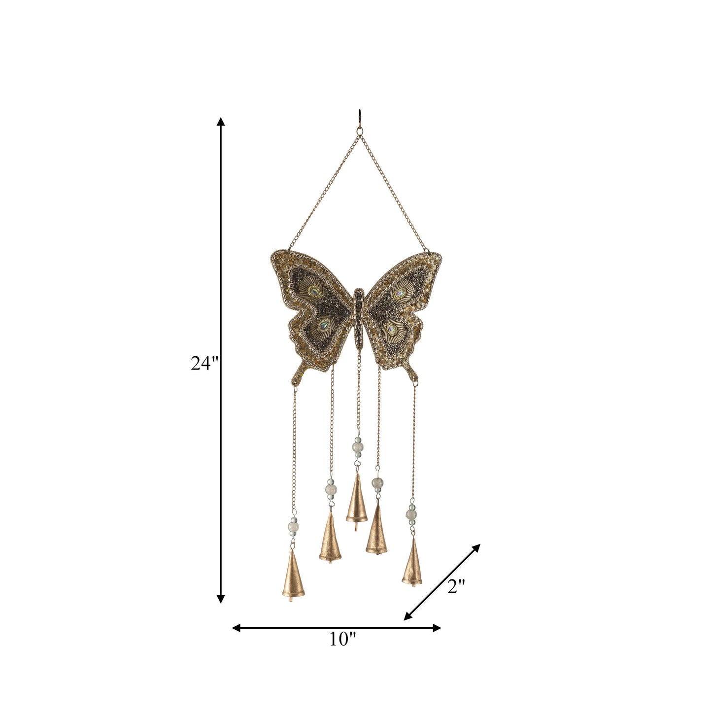 Wind Chime - Gold Metal Beads Mosaic Butterfly, 24 in.