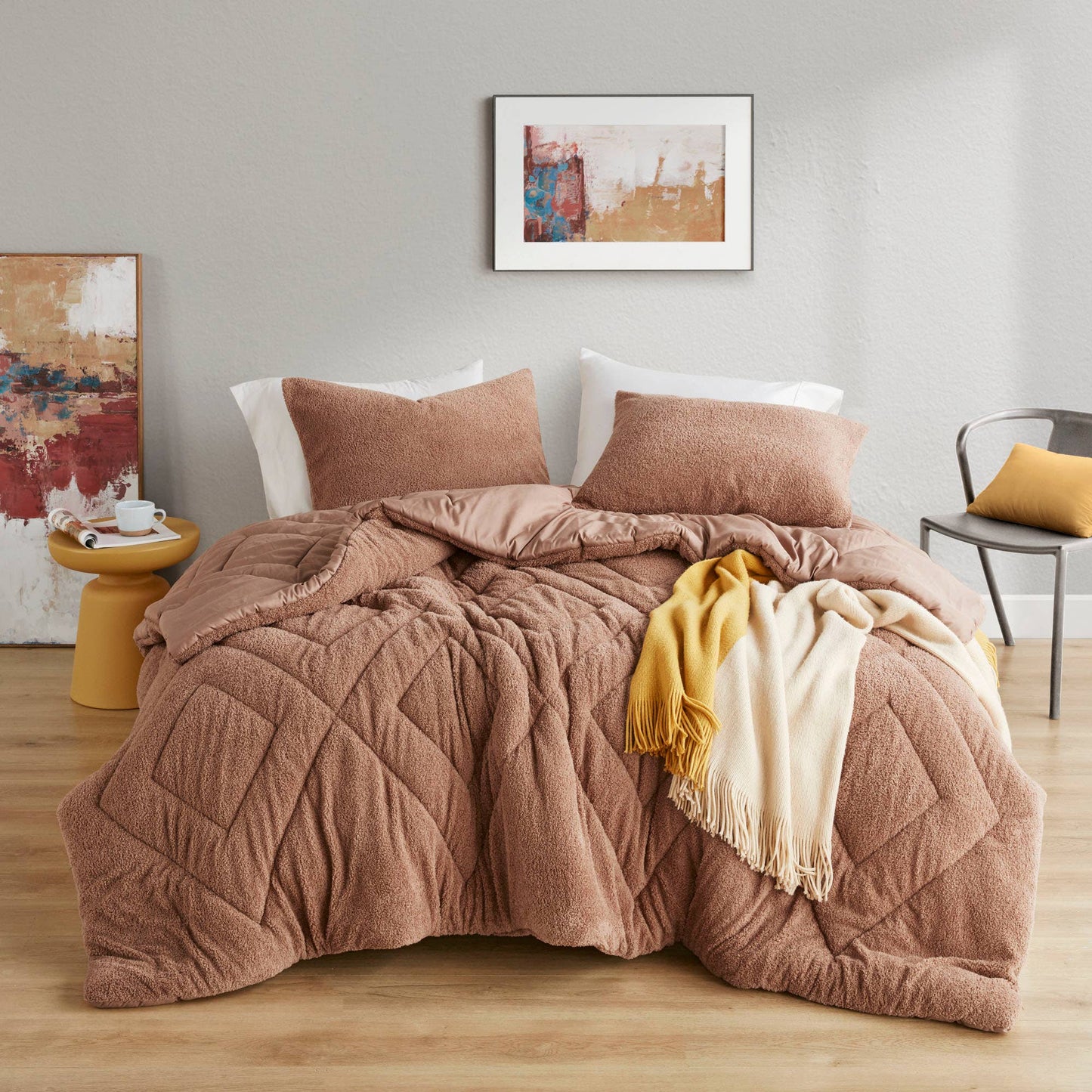 Double Diamond Quilted Fluffy Plush Comforter Set, Brown