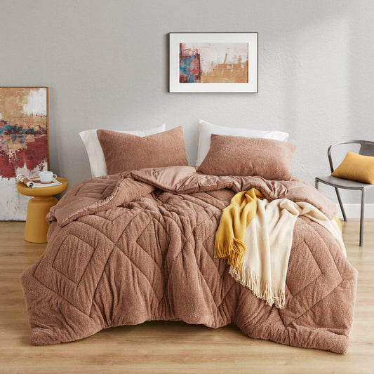 Double Diamond Quilted Fluffy Plush Comforter Set, Brown