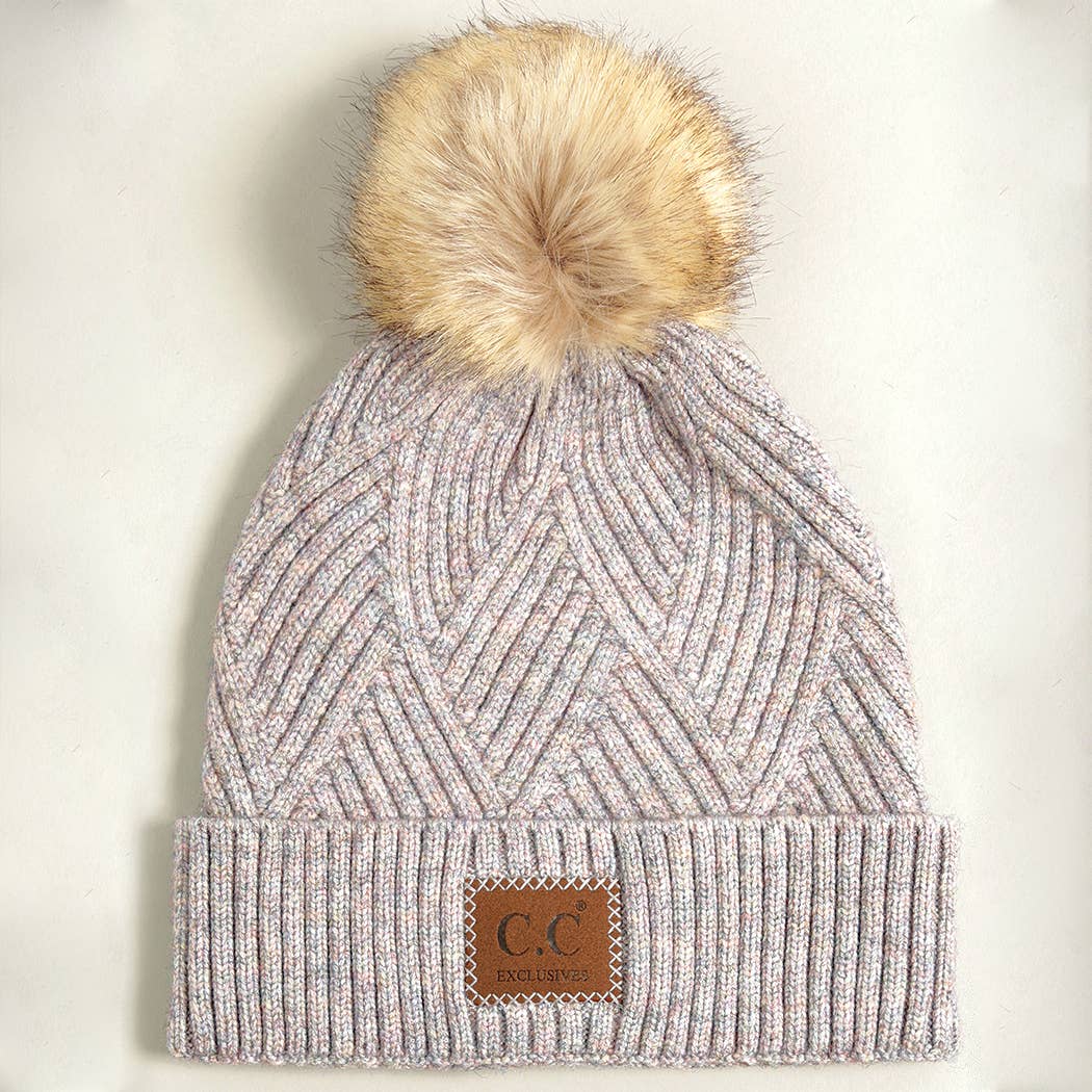 Heather Cuff Beanie with Pom-Pom: ONE SIZE / WARM GREY MIX