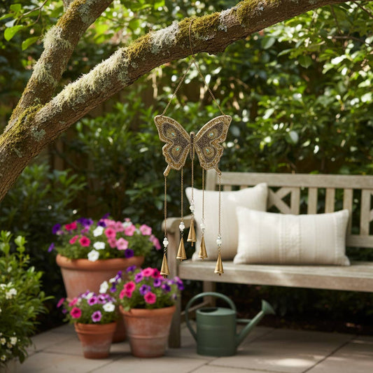 Wind Chime - Gold Metal Beads Mosaic Butterfly, 24 in.