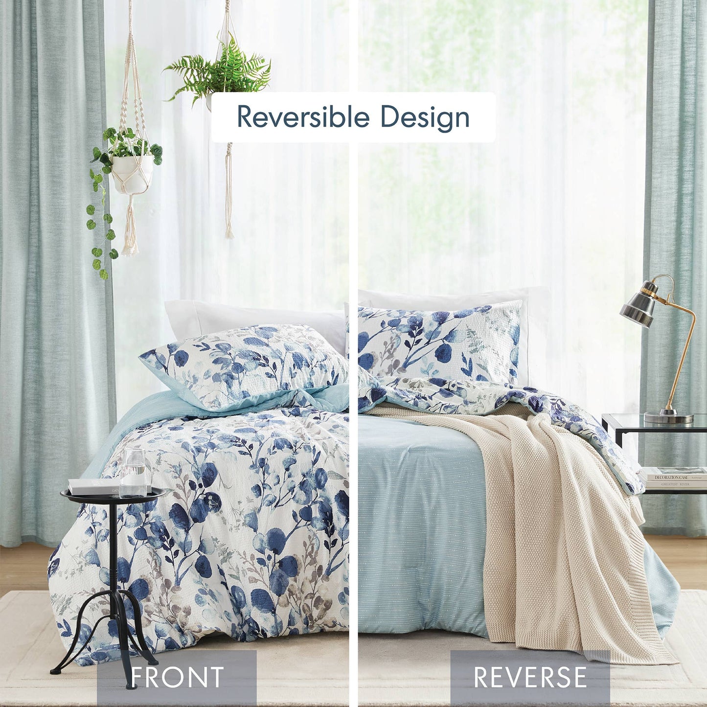 Reversible Floral Seersucker Comforter Set, Navy/Blue