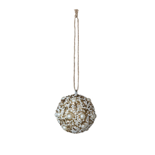 Glass Beaded Plastic Ball Ornament with Faux Pearls, Ivory Color & Gold Finish Small