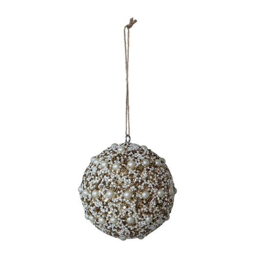 Glass Beaded Plastic Ball Ornament with Faux Pearls, Ivory Color & Gold Finish