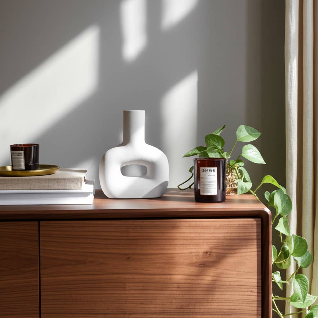 Ceramic Modern Geometric Open Cut Vase - White, 8 in.