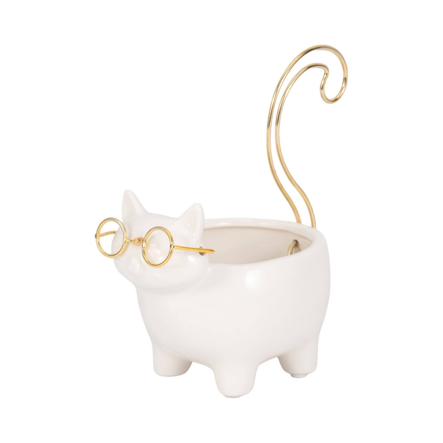 Trinket Dish - White/Gold Ceramic Boho Kitty, 7 in.