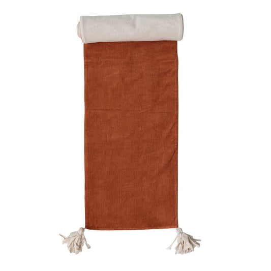 Cotton Corduroy & Linen Two-Sided Table Runner with Frayed Tassels