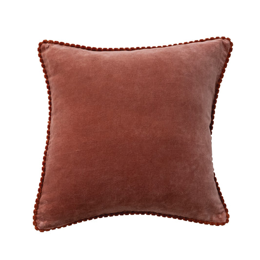 18" Square Cotton Velvet Pillow with Decorative Piping, Apricot Color & Pink