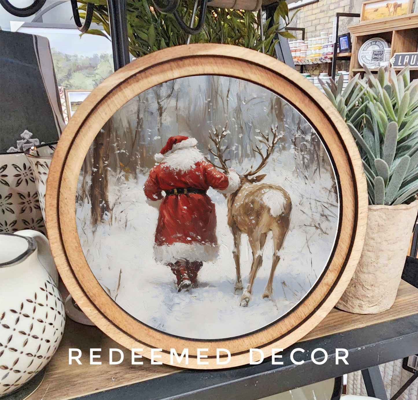 8" Round Santa With Reindeer Art