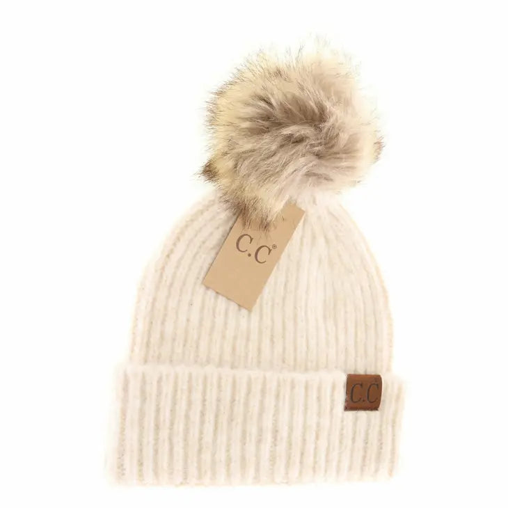 Oatmeal Multi Soft Ribbed Fur Pom C.C Beanie HAT2074