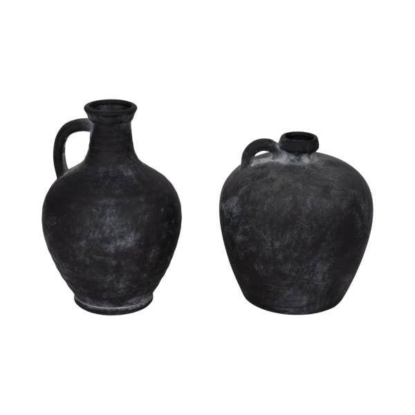 Black 10 in. Abstract Weathered Terracotta Jug with Handle