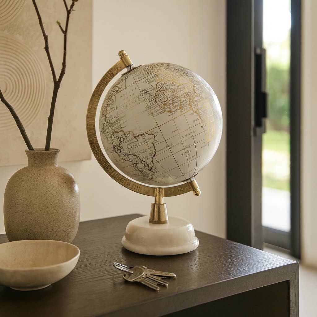 Polyresin Marble Base Globe Sculpture - White, 10 in.