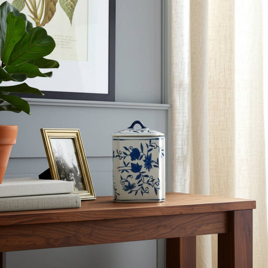 Decorative Vase - Blue Ceramic Chinoiserie Floral, 9 in.