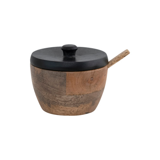 Mango Wood Salt Cellar with Spoon and Black Lid,