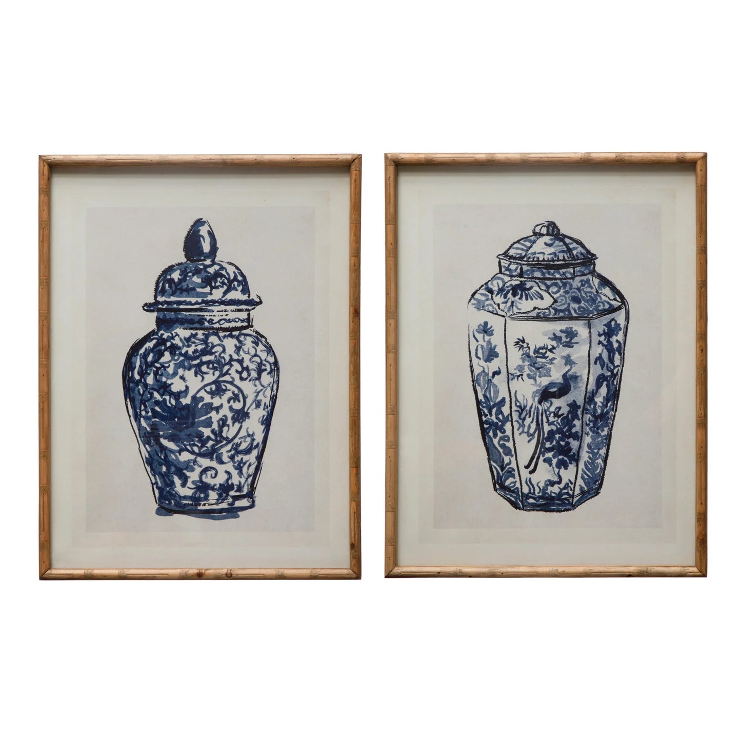 Wood Framed Glass Wall Décor w/ Cachepot, Blue & White
