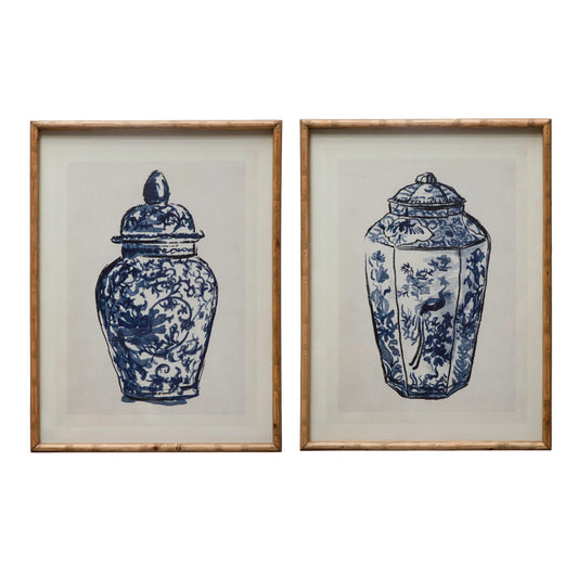 Wood Framed Glass Wall Décor w/ Cachepot, Blue & White