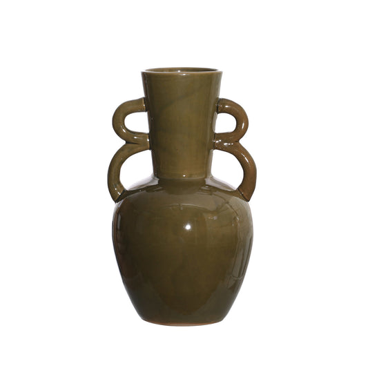 Stoneware Vase w/ Handles, Olive Green (Each One Will Vary