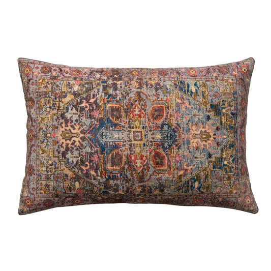 24"L x 16"H Cotton Printed Lumbar Pillow w/ Pattern & Chambray Back