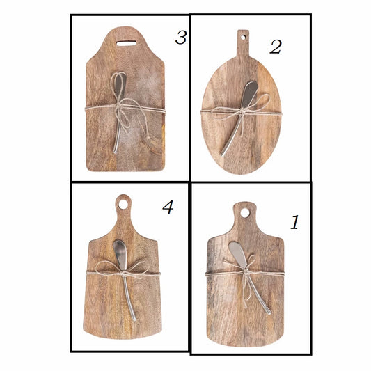 Mango Wood Cheese/Cutting Board w/ Handle & Canape Knife, 4 Styles, Set of 2