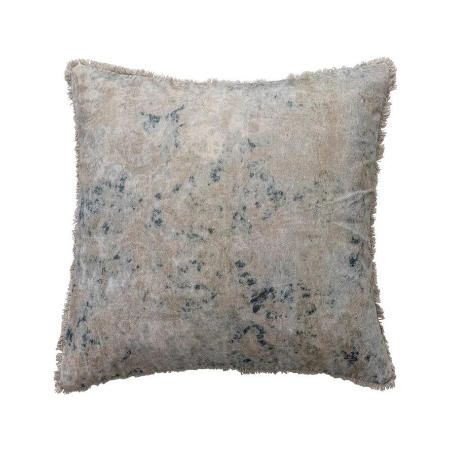 24" Square Cotton Velvet Printed Pillow with Design & Fringee