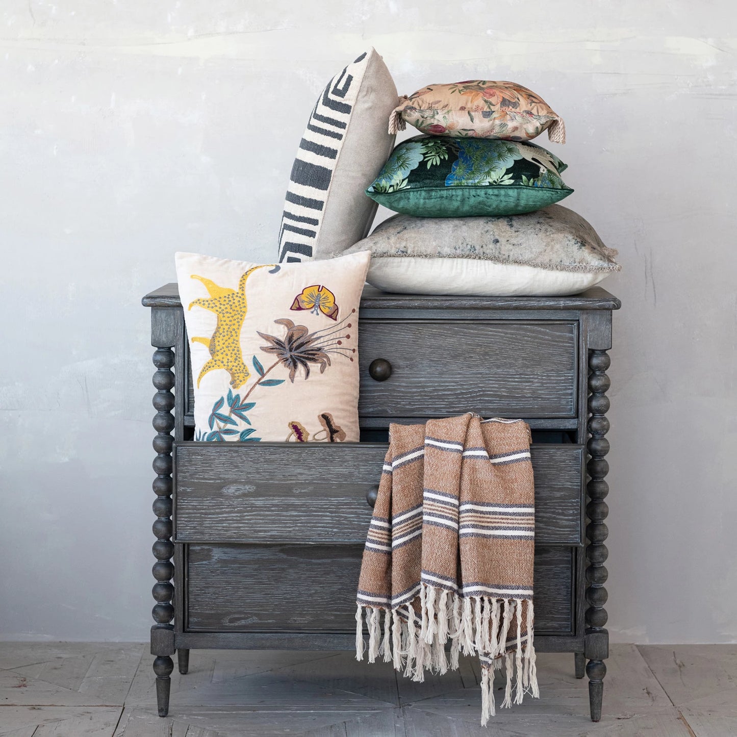 24" Square Cotton Velvet Printed Pillow with Design & Fringee