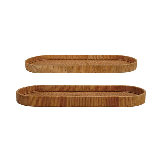 Oval Decorative Hand-Woven Rattan Tray, Natural,