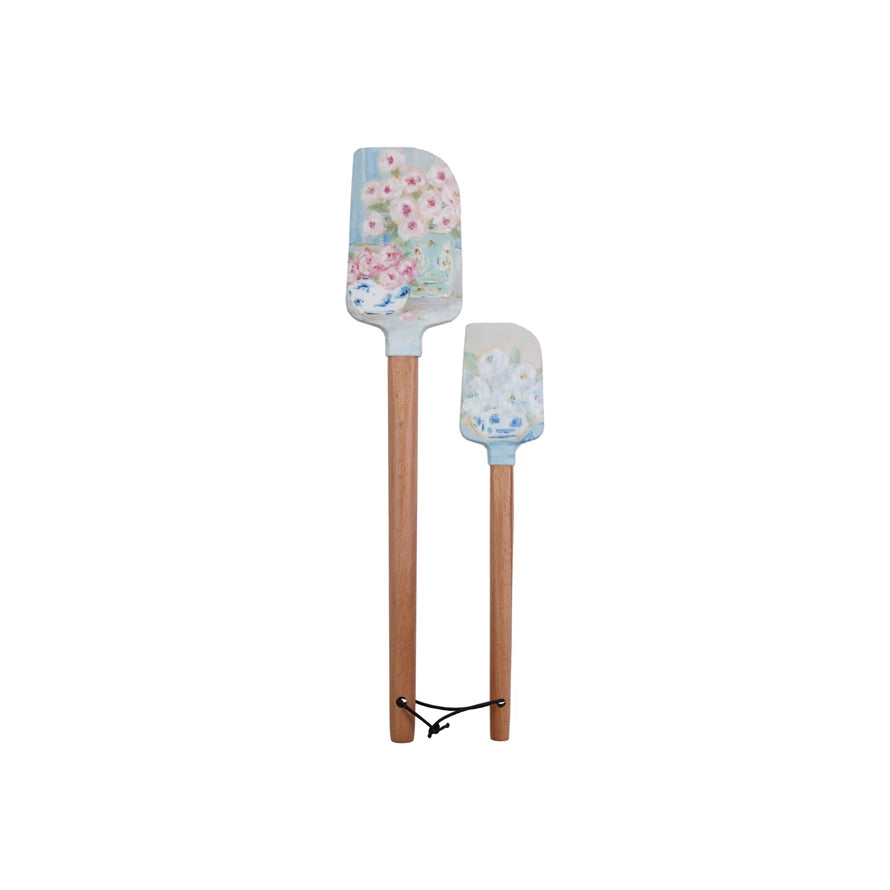Silicone & Wood Spatulas with Floral Pattern, Set of 2